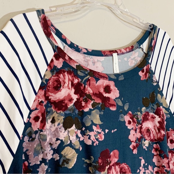 Pink Blush Maternity (1X) Dark Teal and Pink Floral and Stripes Short Sleeve Top - Picture 3 of 8